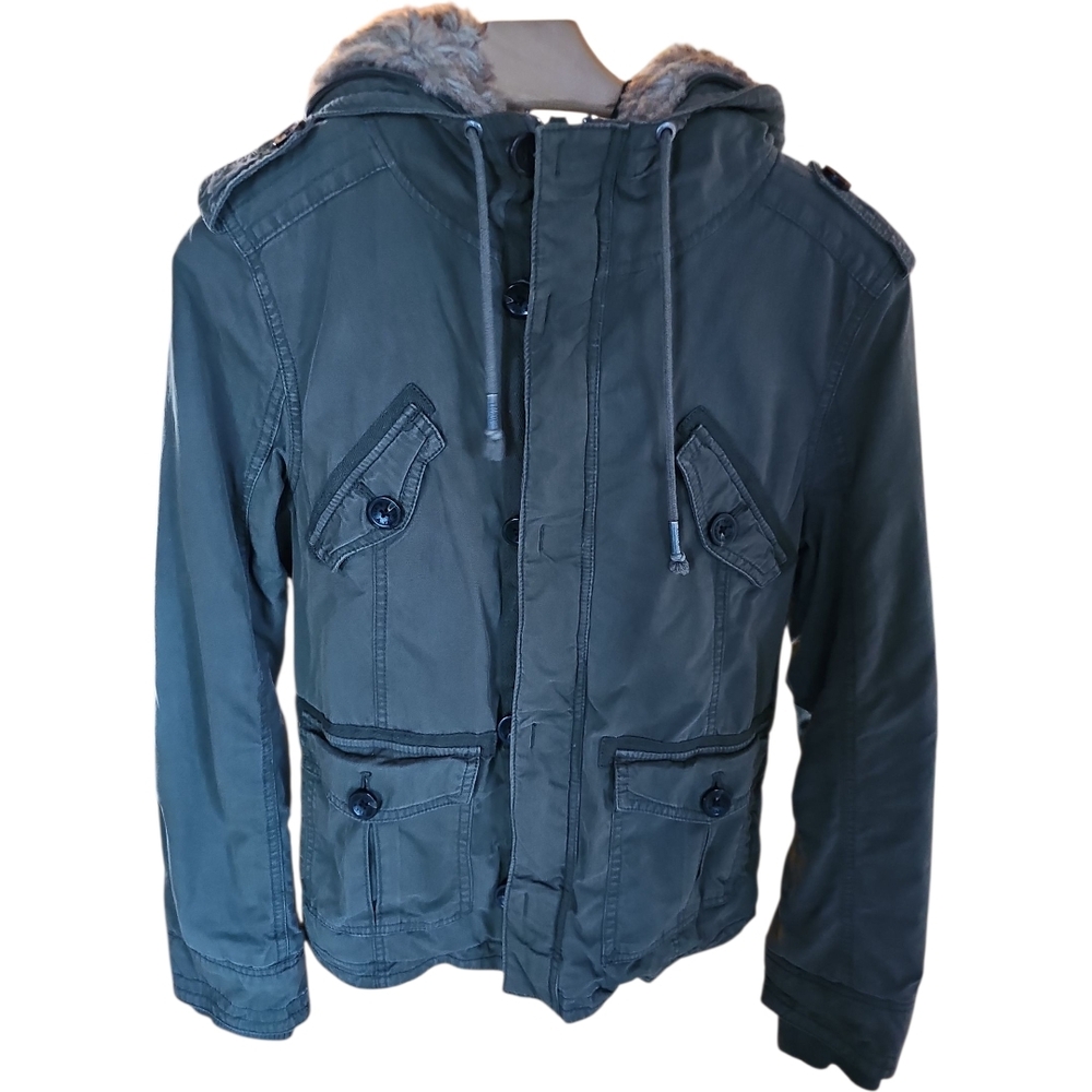 Y2K TNA Platoon  Green Military Faux Fur-lined Hooded Utility Jacket